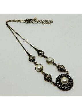 Avon SAQ Pendant Necklace Faux Pearl Rhinestone Bronze Tone Geometric Round